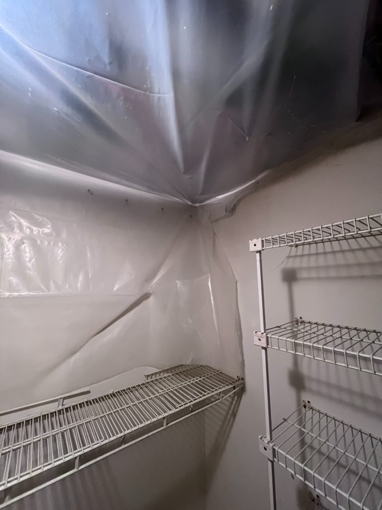 Ceiling containment sheeting above wire shelving inside the previously affected closet