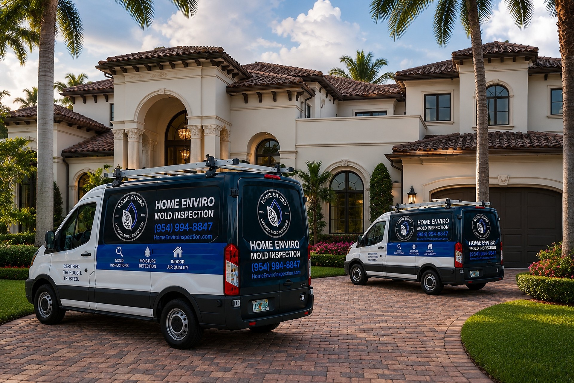 Home Enviro mold inspection vans parked outside a South Florida home