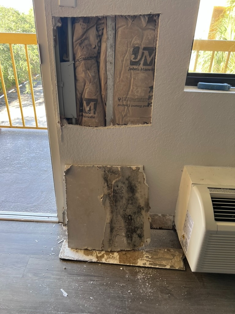Mold growth found on insulation behind a wall opening near a hotel balcony door