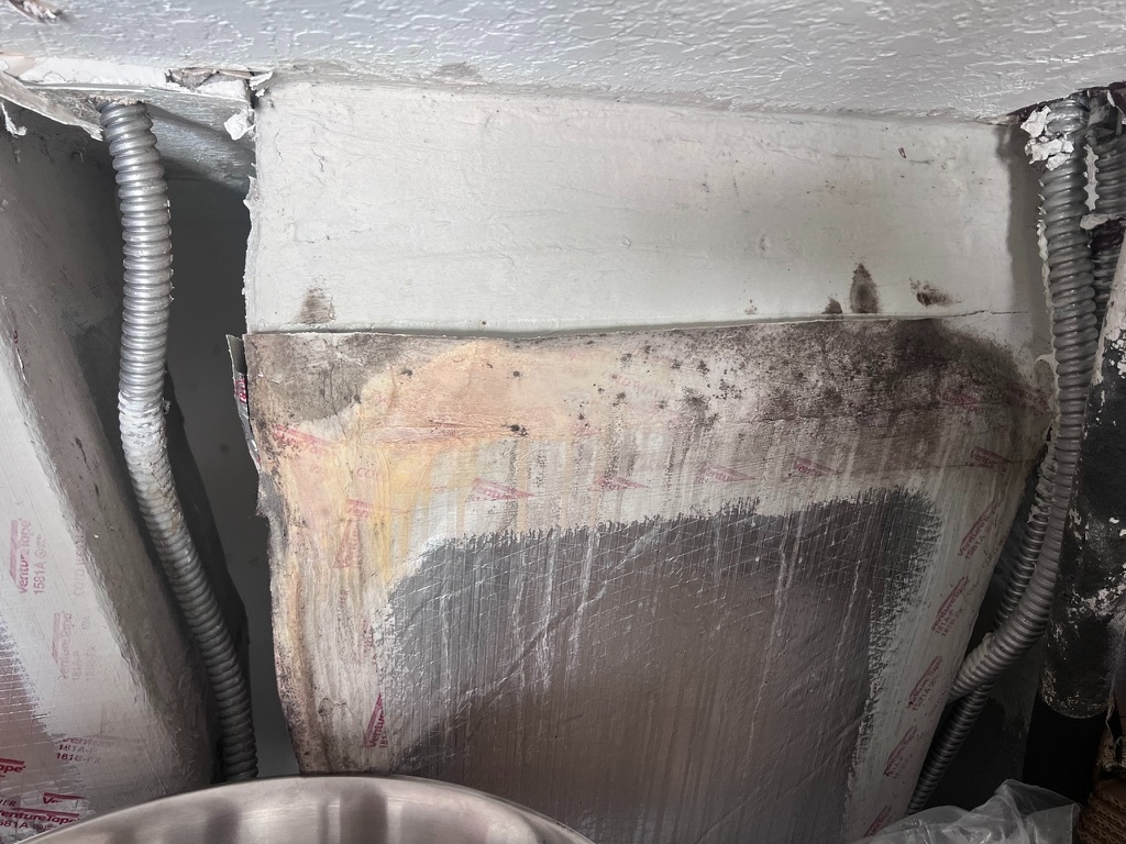Wide view of the HVAC plenum insulation panel showing dark mold growth concentrated along the top seam where the panel meets the ceiling framing