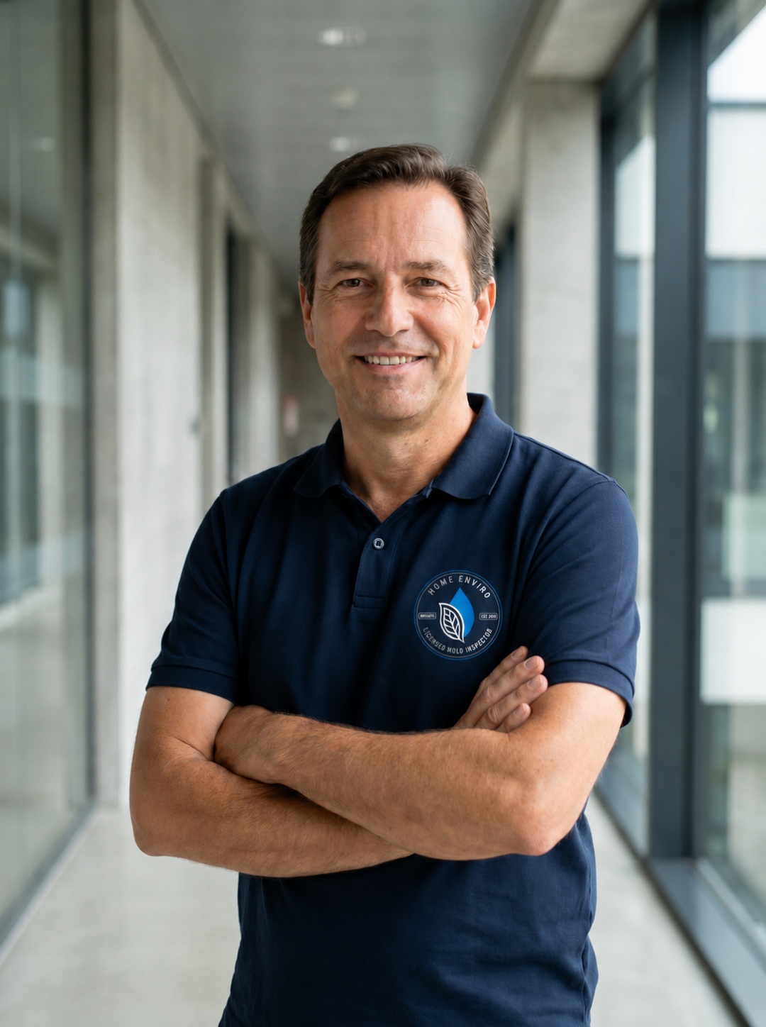 Portrait of Home Enviro's lead mold assessor wearing a branded Home Enviro polo shirt