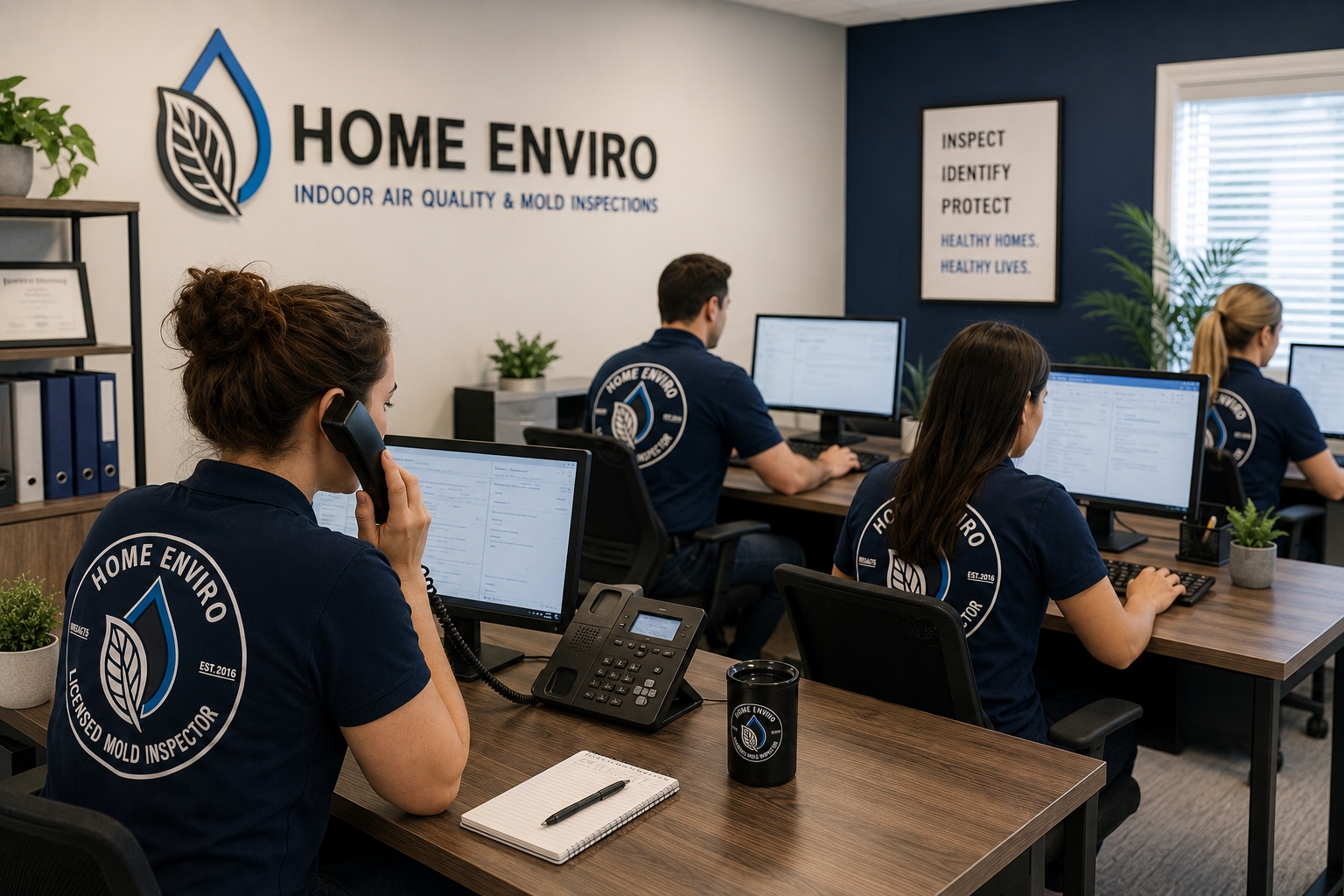 Home Enviro team members at their desks in the company office, wearing branded Home Enviro polo shirts